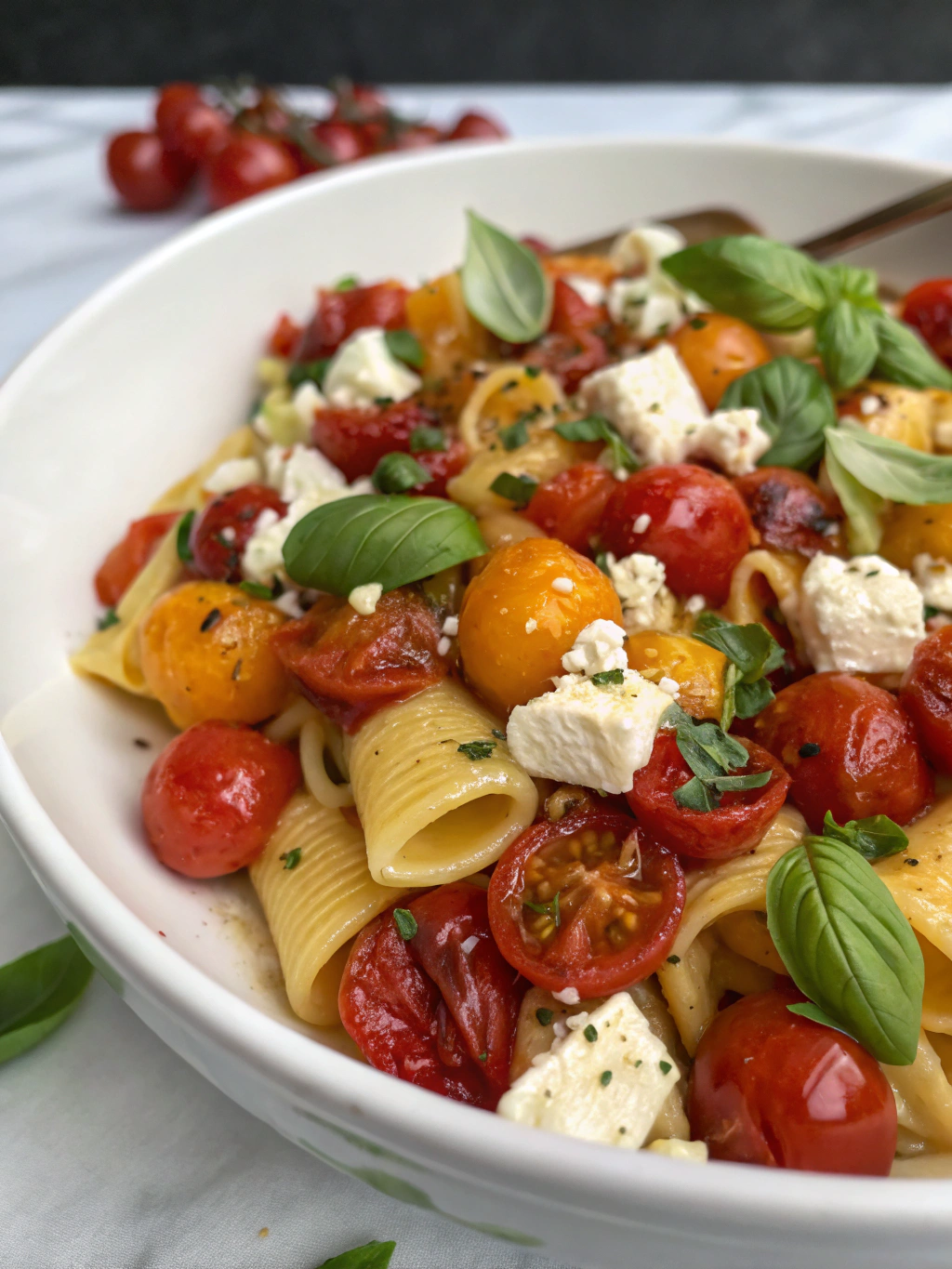 Baked Feta Pasta with Roasted Cherry Tomatoes and Basil ingredients